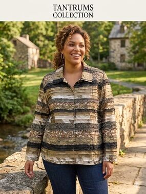 Tantrums Striped Layered Button Jacket - Olive, Beige, Black, Cream